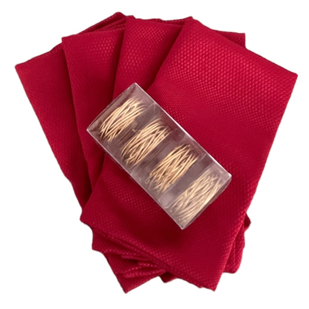 NAPKINS Capella Red Polyester (4) & Set of (4) Napkin Rings Twisted Meta…